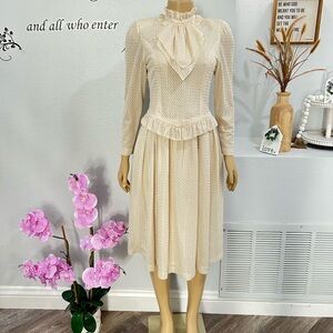 Vintage Decolas Joao Ivory Long Sleeve Dress Size S Small Embroidered High Neck